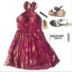 Aidan Mattox fuchsia Silk Metallic Gold halter